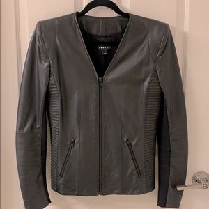 Black Leather Moto V-neck Jacket